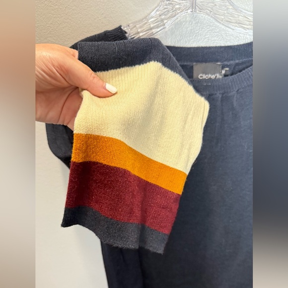 Cliche Navy Blue Striped Colorblock Bell Sleeve Pullover Sweater Size Medium - Picture 4 of 5